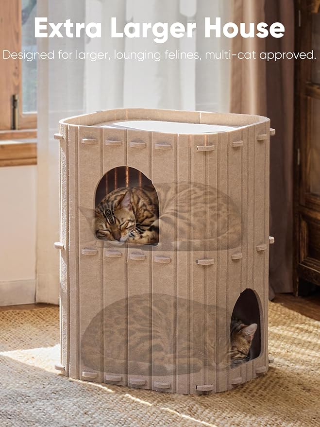 FUKUMARU Cat House for Indoor Cats, Warm Felt Cat Bed, Scratch Resistant | Large Cat Bed Cave, 3-in-1 Cat Condo, Cozy Felt Covered Cats Tunnel, 23.62 Inch Kitten Hideaway for Multicats, Beige - Image 4