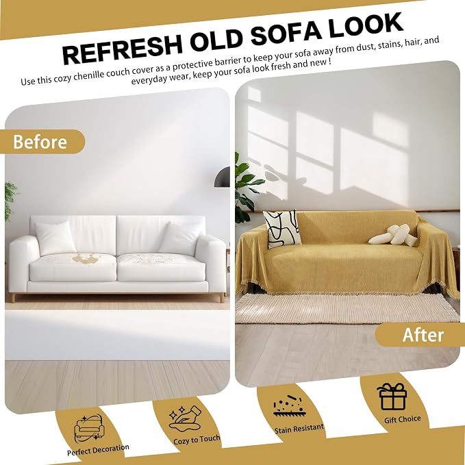 DREAMINGO Modern Minimalism Mustard Yellow Couch Cover Sectional Sofa Covers for 3 Cushion Couch Washable Chenille Pet Couch Protector for Dogs Boho Herringbone Sofa Furniture Slipcover, 71"x150" - Image 4