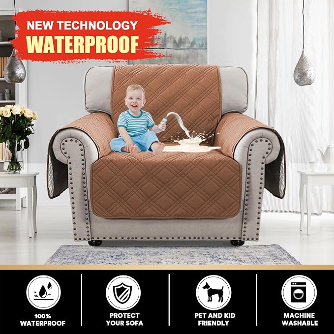 PrinceDeco 100% Waterproof Chair Sofa Slipcover for Living Room Water Resistant Couch Cover Furniture Protector Cover with Elastic Straps for Pets Kids Children Dog Cat(Chair 23", Terracotta) - Image 2