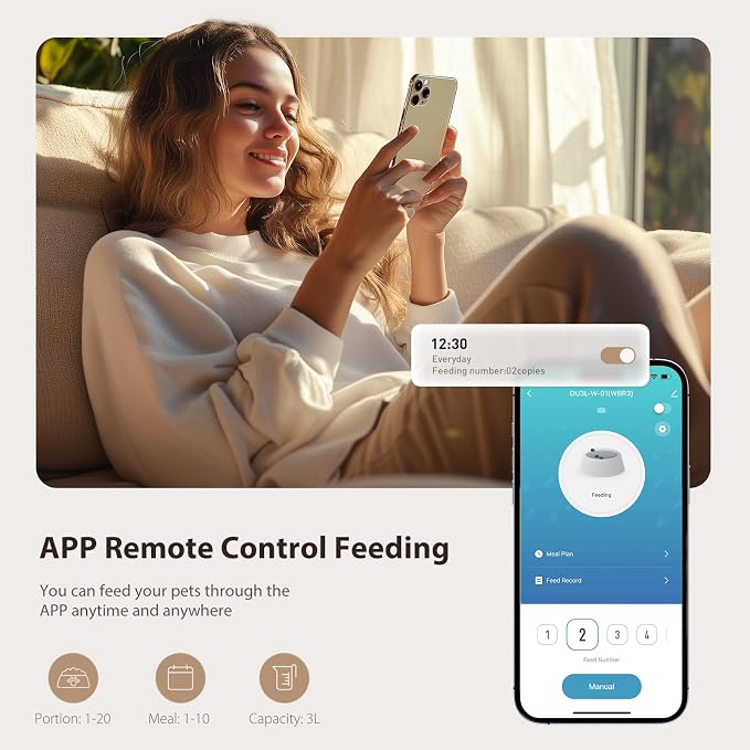 IMIPAW Automatic Cat Feeder, 5G WiFi Food Dispenser with APP Remote Control, Pet Dry Food Smart Feeder, Programmable Timed Feeding, Dual Power Supply, 1-10 Meals, Desiccant Bag, Stainless Steel Bowl - Image 2