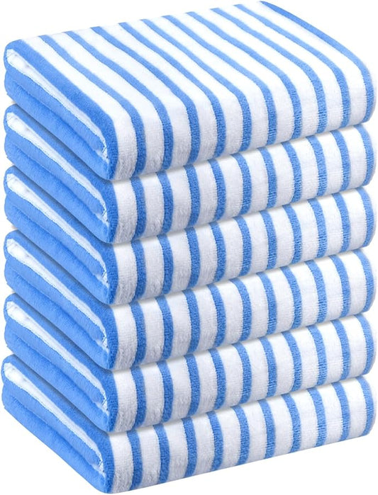 JML Microfiber Beach Towels, 6 Pack, 30" x 60", Stripe Blue and White | Hanging Loop,Soft, Absorbent, Quick Dry, Lint-free, No Fading Bath Towel for Summer Swimming Pool Party by JML