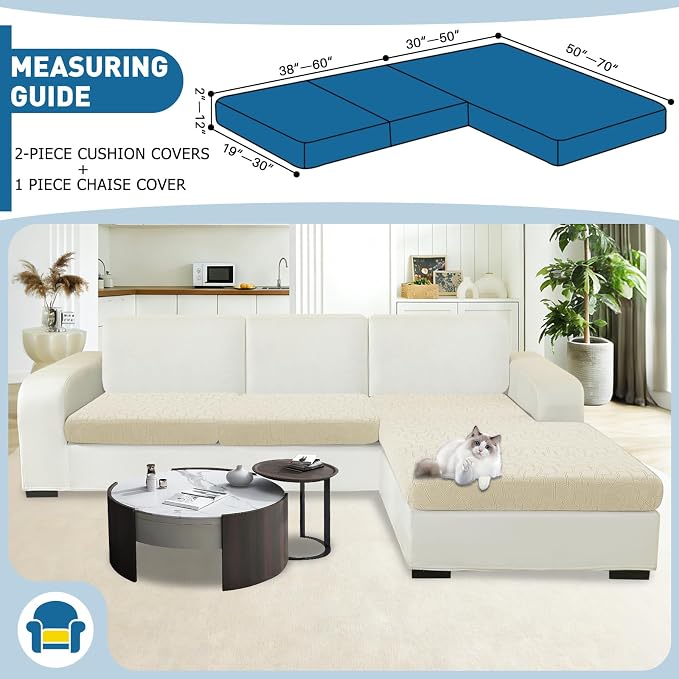 MAXIJIN Waterproof Sectional Couch Cover 3 Pieces Stretch Couch Cushion Covers for Sectional Sofa L Shape Seat Slipcovers with Elastic Bottom for Dogs Pets (2 Seater + 1 Chaise, Beige) - Image 2