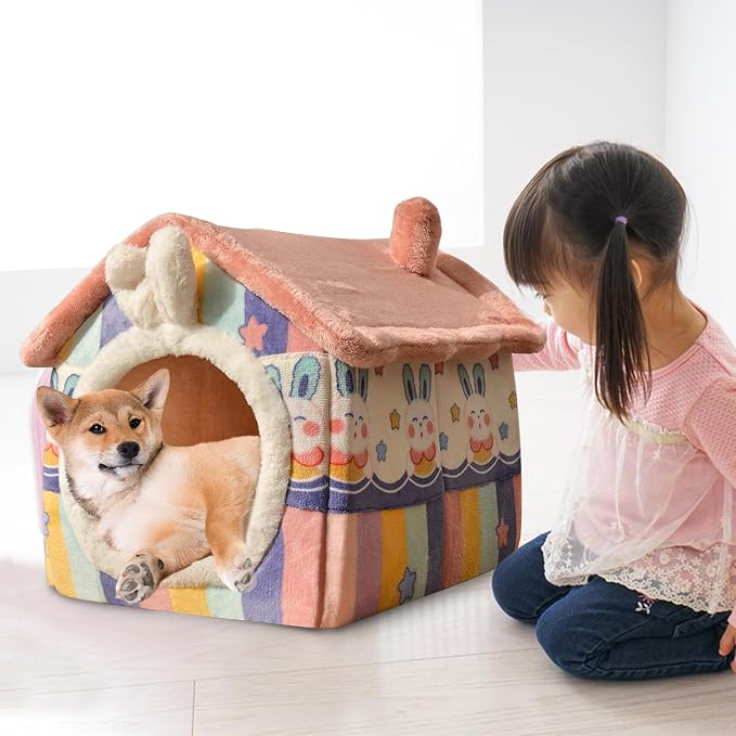 Cat House, Cartoon Cat Cave Bed with Removable Washable Cushion Pillow, Cute Cat Tent, Warm and Soft Chimney Cat House for Dogs Cats Small Animals(M, Pink) - Image 7