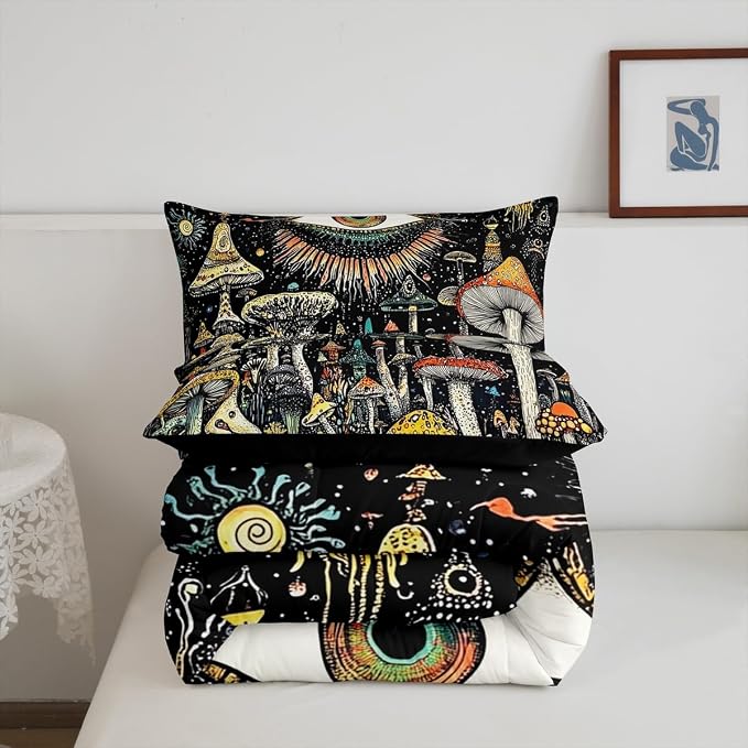 Watercolor Mushroom Comforter Sets Toddler Size,Nature Burgundy Plant Bedding Comforter for Kids Girls Boys,Botanical Leaves Starry Quilt Sets for Bedroom Decor,Duvet Insert,1 Pillowcase,Black Yellow - Image 7