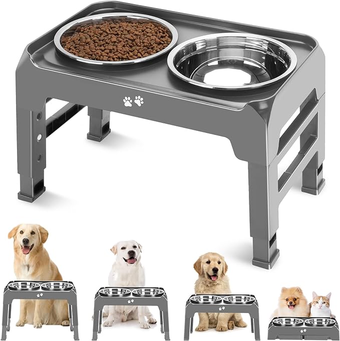 Elevated Bowls, 4 Height Adjustable Raised Stand With 2 Thick 50oz Stainless Steel Food Bowls, Non-Slip Feeder for Large Medium Dogs, Adjusts to 3.7", 9.2", 10.75", 12.36" Grey by COMESOON