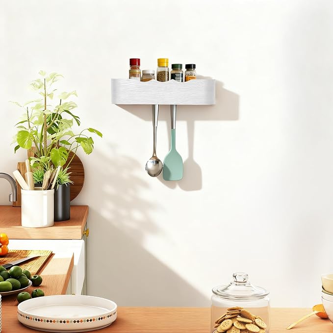 Coat Rack Wall Mount with Shelf Entryway Shelf Modern Key Holder Hanger Wall Shelves with Hidden Hooks for Hanging Towels Coats Hats Bags for Hallway Bathroom Bedroom (Wavy White, 4 Hooks) - Image 7