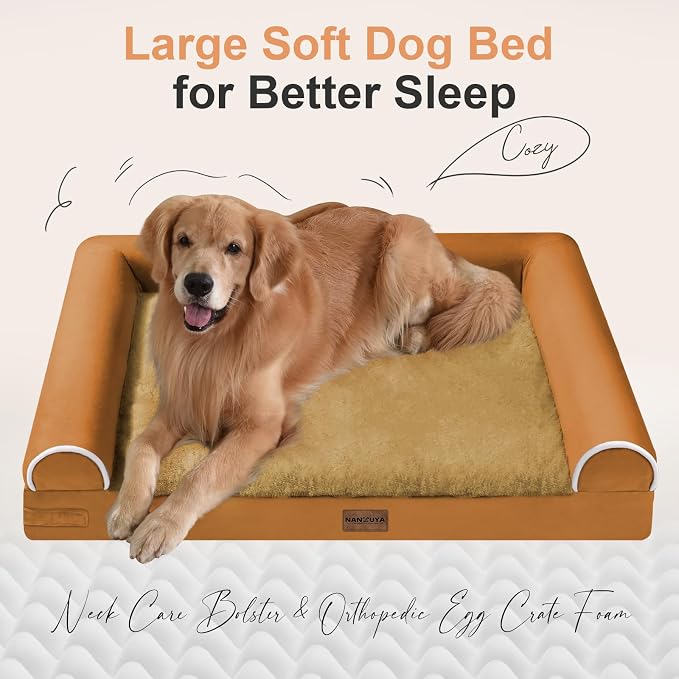 NANUYA Orthopedic Dog Bed for Large Dogs, 36 x 27 Inch, Orange | Egg crate foam for joint support, 3-sided bolster pet sofa, waterproof lining, washable cover, and non-skid base - Image 2