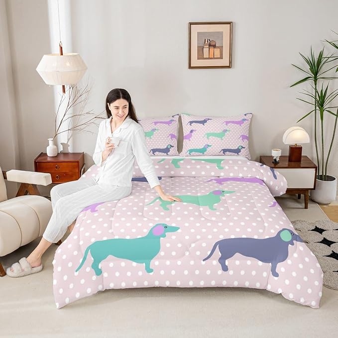 Feelyou Dog Printed Comforter Dachshund Decor Bedding Bed Set for Kids Boys Girls Abstract Pet Puppies Comforter Set Polka Dots Dog Pink Quilt Collection 3Pcs King Size Boys - Image 5