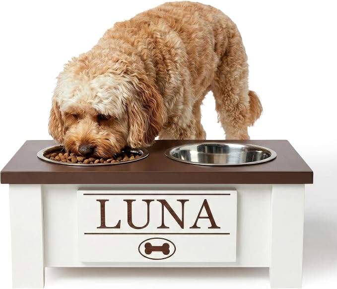 Elevated Dog Bowls for Small Dogs, Personalized Food Stand for Small Breed | Farmhouse Style, Elevated Wood Stand, Storage Container, Stainless Steel Bowls, Raised Anti-Slip Feeder, Made in USA by GrooveThisWoodshop