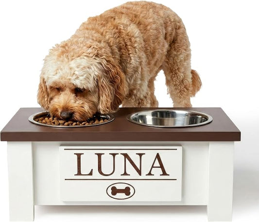 Elevated Dog Bowls for Small Dogs, Personalized Food Stand for Small Breed | Farmhouse Style, Elevated Wood Stand, Storage Container, Stainless Steel Bowls, Raised Anti-Slip Feeder, Made in USA by GrooveThisWoodshop