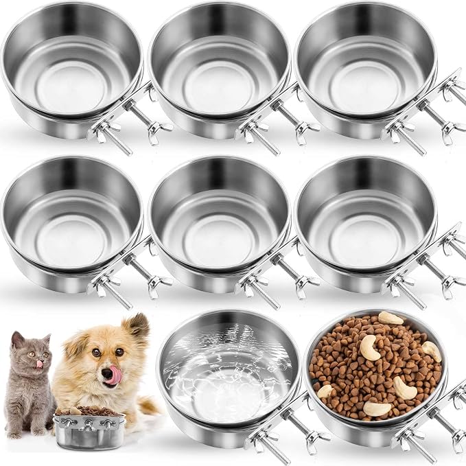 Zubebe 8 Pcs Stainless Steel Hanging Dog Crate Bowls, Non-Spill Kennel Food Water Bowls with Screw Clamp Attach Holders, Removable Mountable Metal Cage Feeder for Pet(41 oz) by Zubebe