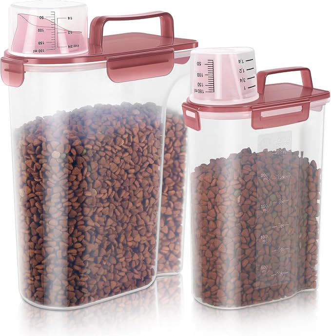 LEAWALK 2Pack Cat Dog Food Storage Container Upgraded Large Nozzle BPA-free, 3+5lbs Plastic Pet Food Containers, With 4 Sealed Clasps/1 Measuring Cup/Handle Easy Clean and Carry (Clear Pink) by LEAWALK