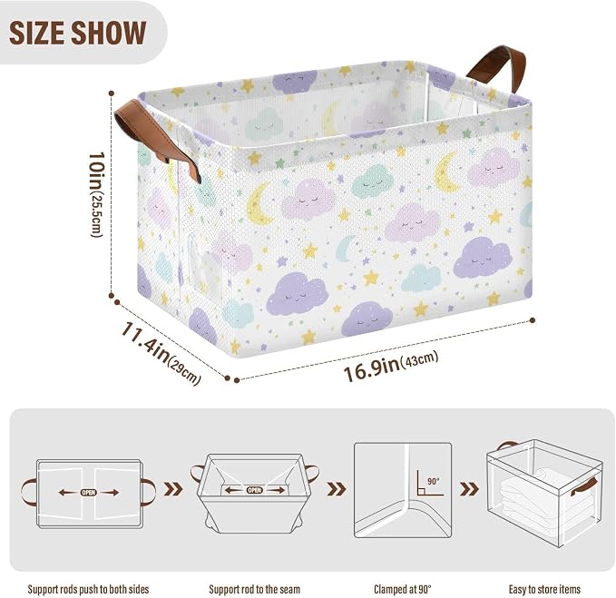 Cute Clouds Moon and Stars Purple Baby Storage Basket with Labels&Handles Rectangular Waterproof Nursery Storage Bins Collapsible Shelf Organizer Baskets for Kids Books Cloth Gift Toys Laundry, 2 Pack - Image 6