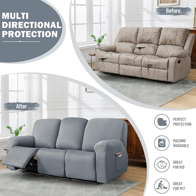 vctops Diamond Recliner Sofa Covers 8-Pieces Stretch Large Couch Covers for 3 Seats Reclining Slipcovers Soft Solid Furniture Protector (Light Grey,3 Seat) - Image 5