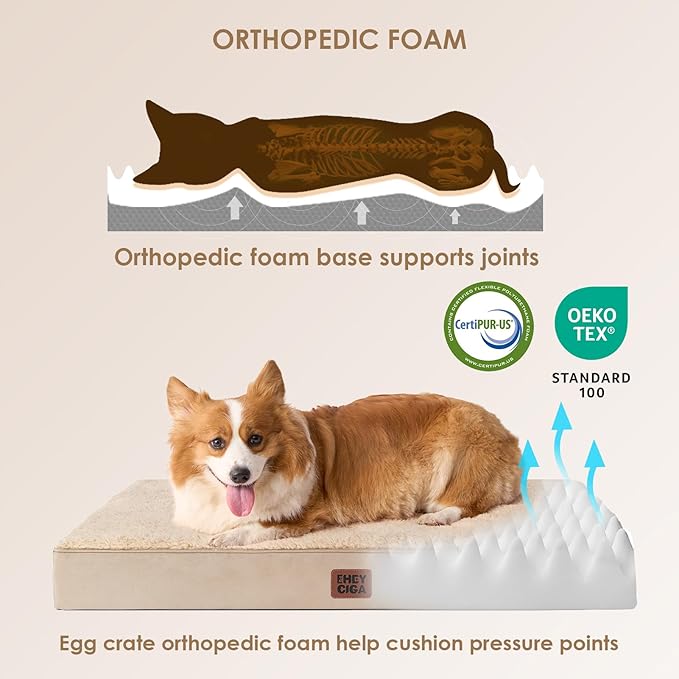 EHEYCIGA Orthopedic Dog Bed Large with Removable Washable Cover, 47IN Khaki | Egg Crate Foam Support, Durable Oxford fabric, Non-Slip Bottom, Machine Washable, Soft Waterproof Plush Pet Bed Mat For Crate - Image 3