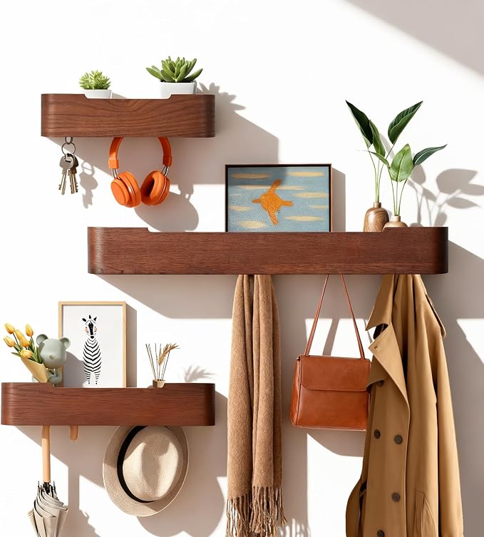 Coat Rack Wall Mount with Shelf Entryway Shelf Modern Key Holder Hanger Wall Shelves with Hidden Hooks for Hanging Towels Coats Hats Bags for Hallway Bathroom Bedroom(Walnut Color, 5 Hooks) - Image 3