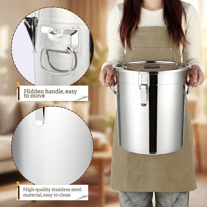 Lounsweer 2 Pack 8.9 Gal Stainless Steel Dog Food Storage Container with Lid and Locking Clamp 33 L Metal Airtight Container Large Stainless Steel Bucket with Food Scoop for Pet Feed - Image 7