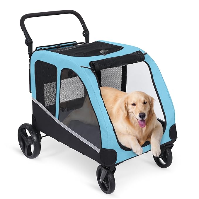 Dog Stroller for Large Dogs, Extra Large Pet Stroller for Medium Dogs, Dog Wagon Carriage, Foldable Design, Adjustable Handle, with Pocket, Up to 130 lbs, Blue
