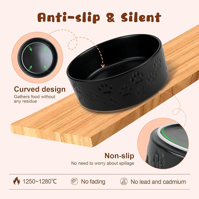 SPUNKYJUNKY Ceramic Elevated Dog Bowl Set with Acacia Wood Stand for Food and Water for Medium Dogs (42.27 OZ, Black, Dog Paw Pattern) - Image 4