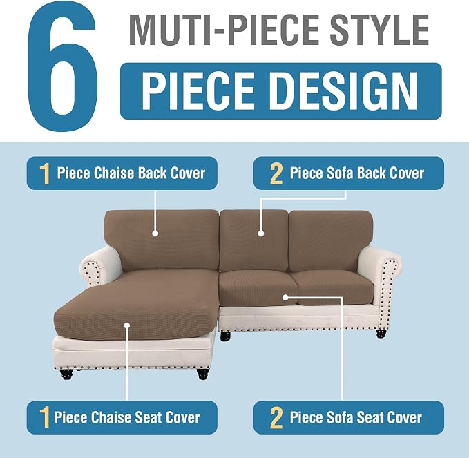 H.VERSAILTEX Sectional Couch Covers 3 Pieces Sofa Seat Cushion Covers L Shape Separate Cushion Couch Chaise Cover for Both Left/Right Sectional Couch (Seat Only: 1 Chaise + 2 Sofa, Macchiato) - Image 2