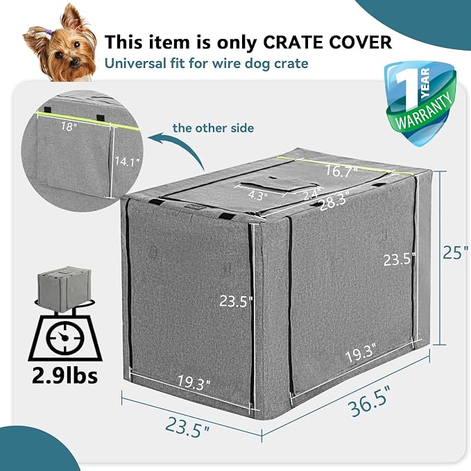 PETSFIT 36 Inch Wire Dog Crate Cover, Double Doors, Mesh Window, Detachable Top and Back Flap, Grey - Image 3