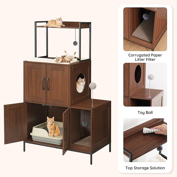 HOOBRO Litter Box Enclosure, Litter Box Furniture with Storage, 2-in-1 Hidden Cat Furniture with Shelf, 2 Dangling Plush Balls and 1 Toy Ball, Large Wooden Cat Washroom, Walnut WL78MW01 - Image 7