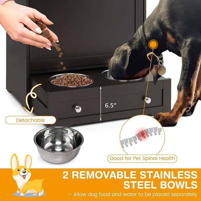 Tangkula Pet Feeder Station, Dog Food Storage Container With Double Pull Out Bowls, Food Toy Organizer Cabinet, Feeding Station Furniture for Dogs Cats Feeding & Watering Supplies (Brown) - Image 3