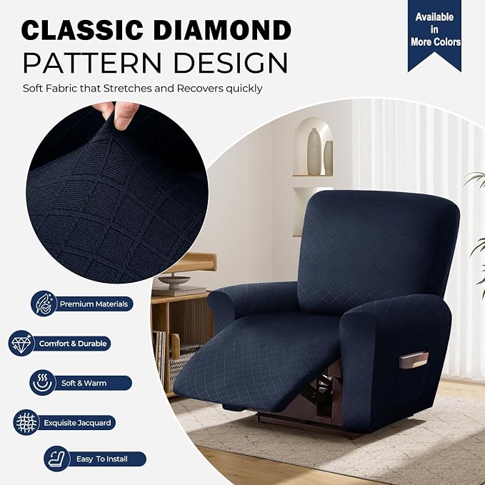 vctops Diamond Recliner Cover 4-Pieces Recliner Stretch Sofa Slipcover 1 Seater Couch Protector Soft Solid Furniture Protector Covers with Elastic Strap (Navy,1 Seat) - Image 3