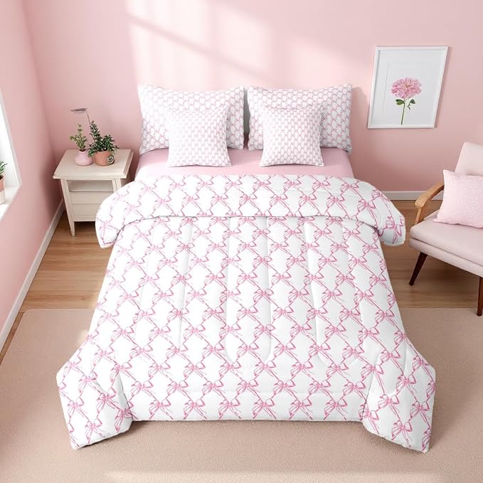 Erosebridal Girls Bowknot 7 Piece Comforter Set King Size | Cute Pink Bow Coquette Bedding Set Girly Bow Tie Comforter Dreamy Princess Style Sheets Butterfly Knot Aesthetic Quilt Room Decor by Erosebridal