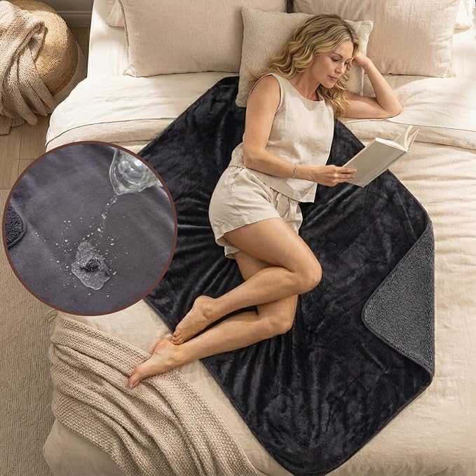 Waterproof Blanket for Couch, Sofa, Pets, Grey, 40"x60", Double-Sided | Stain Resistant, Leak-Proof, Reversible Flannel & Sherpa Fleece, Soft Plush Throw Blanket to Protect Furniture and Mattress by DouxDosy