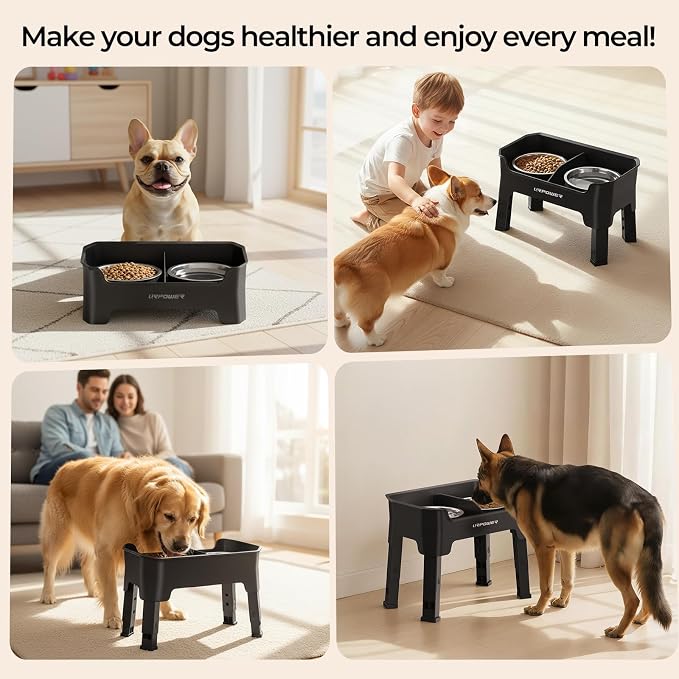 URPOWER Mess Proof Elevated Dog Bowls, Splash Guard Raised Bowl Stand | 4 Height Adjustable Raised Stand with 2 Stainless Steel Food Bowls & Licking Plate for Small, Medium & Large Dogs - Image 8