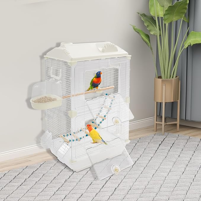2-Door Wrought Iron Bird Cage Parakeet Cage with Roof & Handles, Parrot Cage Pet Birds Flight Cage, Interactive Birdcages Bird House Travel Cages for 1-3 Birds (28" H, Transparent-B) - Image 6
