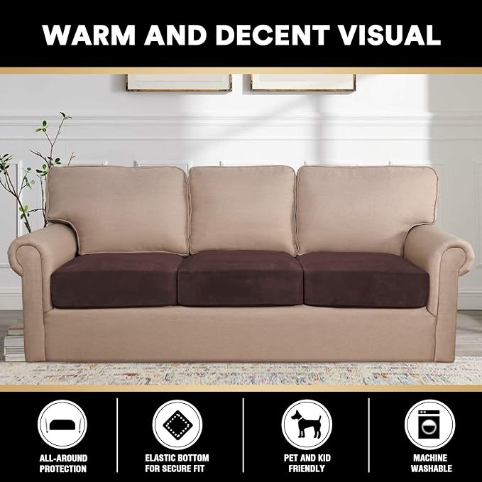 PrinceDeco Velvet Sofa Cushion Covers, Stretch Couch Cushion Covers for Individual Seat Couch Slipcover Sets Furniture Protector for Loveseat Sofa Cushion(Each Width Up to 29.5", Brown) - Image 3