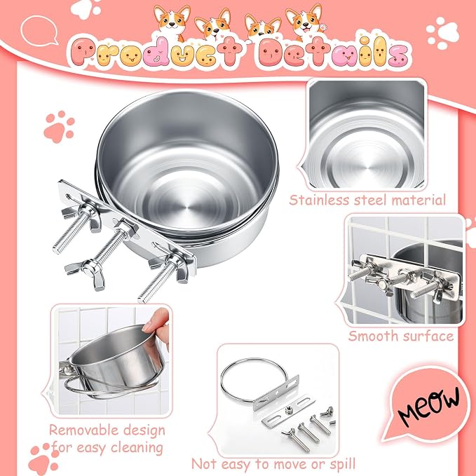 Silkfly 14 Pack Stainless Steel Hanging Dog Crate Bowls, Non-Spill Kennel Food & Water Bowls with Screw Clamp Holders, Removable, Easy to Clean Metal Cage Feeder for Pets(12 oz) - Image 3