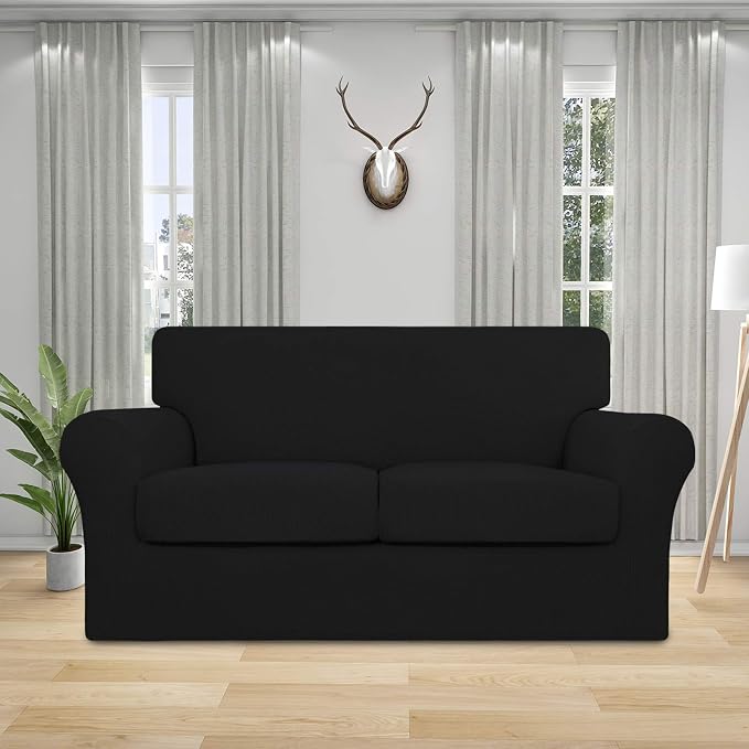 Easy-Going 3 Pieces Stretch Couch Cover Sofa Cover for Dogs Washable Sofa Slipcover for 2 Separate Cushion Couch Spandex Jacquard Fabric Elastic Furniture Protector for Pets, Kids (Black, Loveseat) - Image 2