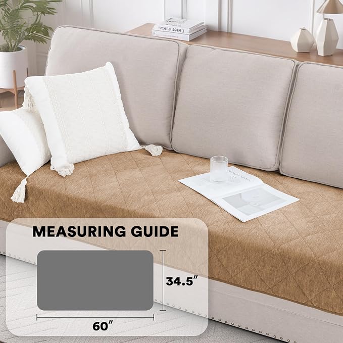 PrinceDeco Couch Covers for Dogs Chenille Sofa Covers for 2 Cushion Washable Quilted Checkered Fuzzy Pet Couch Cover Soft Couch Protector Non-Slip Sofa Pads for Puppy Cat Kids(34.5" x 60", Khaki) - Image 3