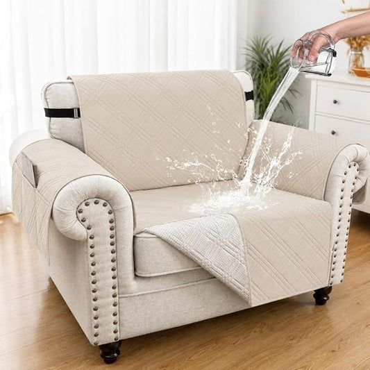 100% Waterproof Couch Cover for Dogs, Anti-Slip Washable Sofa Cover with Elastic Straps & Side Pockets, Durable Furniture Protector for Kids, Pets & Dogs (Armchair 23", Beige) by Unknown