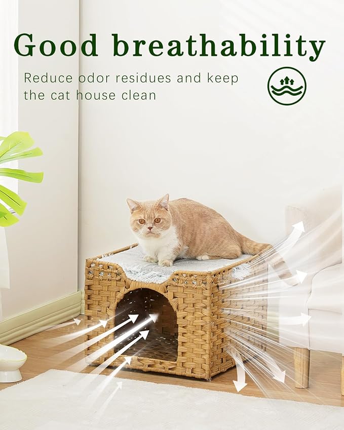 SETVSON Cat Beds Indoor Kitten House, Handwoven Rattan Cat Cave Pet Cube, Large Cat Houses, One Bed Mat, Foldable, Hideaway, 16.5x16.5x13.2 Inches, 2 S-Shaped Hooks in Living Room Bedroom Natural - Image 3