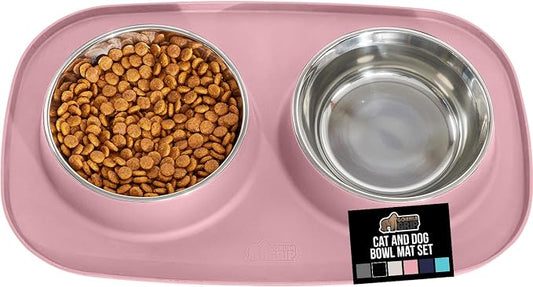 GORILLA GRIP Dog Bowl Set with Slip Resistant Silicone Feeding Mat, Food Grade 304 Stainless Steel Bowls, BPA Free, High Edge Spill Containment, Dishwasher Safe, Finger Notch Removal, 2 Cup, Pink by Unknown