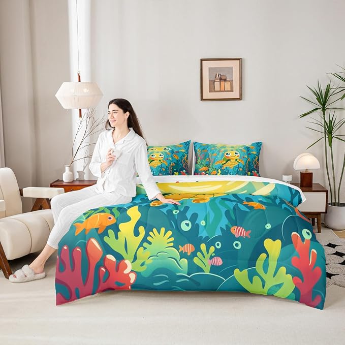 Erosebridal Sea Turtle King Size Comforter Set with Sheets, Ocean Life Bed in A Bag for Kids Teens Youth Adults Bedroom, Underwater World Sea Animal 7 Pcs Bedding Set, Colourful Coral Bed Sets - Image 6