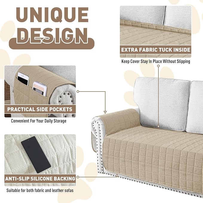 MAXIJIN Waterproof Loveseat Covers for Dogs Washable, Quilted Love Seat Couch Covers 2 Cushion Couch with Side Pockets, Non-Slip Furniture Protector for Pets Kids (Loveseat, Khaki) - Image 5