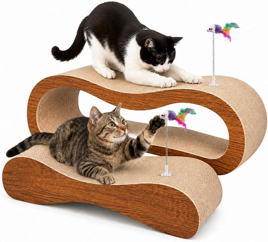 Simple Deluxe 2 in 1 Cats Scratching Pads, Large Horizontal Cardboard Cat Scratcher with 2 Plug-in Teaser Wand, 100% Recyclable & Reversible Scratching Board by SimpleDeluxe