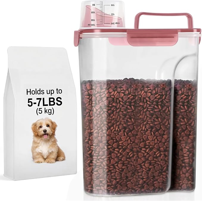 LEAWALK 5-7Lbs/6Qt Dog Cat Storage Container Portable with Upgraded Large Spout and Cup, Plastic Pet Food Dispenser for Small Animal Kibble, Bird Seed, Oatmeal, Rice, Flour, Brown Sugart- Clear pink - Image 9
