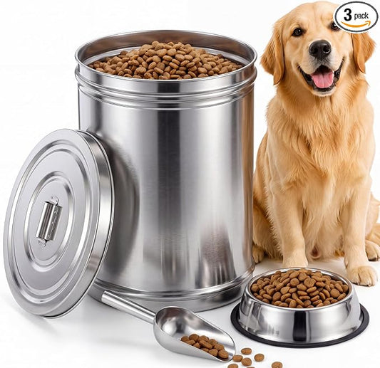 6.5 Gallon Metal Pet Food Storage Container Set with Stainless Steel Bucket, Scoop and Bowl, 30 Lbs Large Metal Dog Food Bin with Airtight Lid Suitable for Dog Cat Chicken Pet by LOYIM