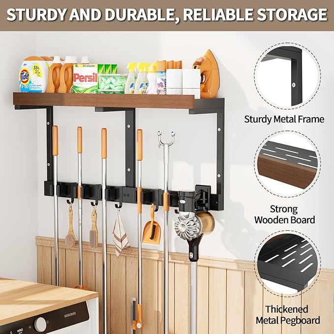 Broom and Mop Organizer Wall Hanging, Broom Hanger Holder Wall Mount | 3-in-1 mop and broom holder wall mount with 5 racks,5 hooks, storage shelf & vacuum organizer for garage,kitchen,laundry room - Image 3
