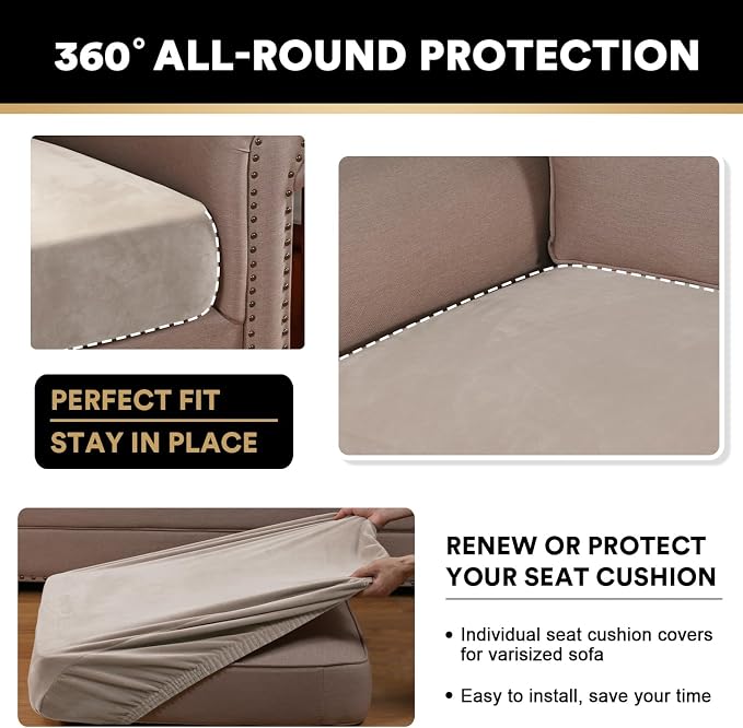 PrinceDeco Velvet Stretch Couch Cushion Cover, Sofa Slip Covers for 3 Seat Cushion Couch Chair Loveseat Sofa Cushion Furniture Protector Cushion Sofa Cover Each Width Up to 29.5", Oatmeal - Image 5