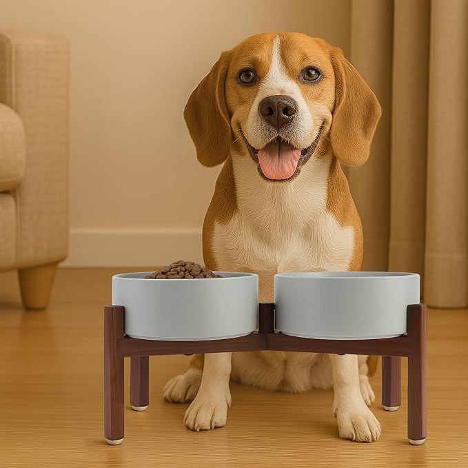 SPUNKYJUNKY Raised Ceramic Dog Bowls Set with Non-Slip Acacia Wood Stand for Medium Sized Dog(42.27 OZ, Gray) - Image 6