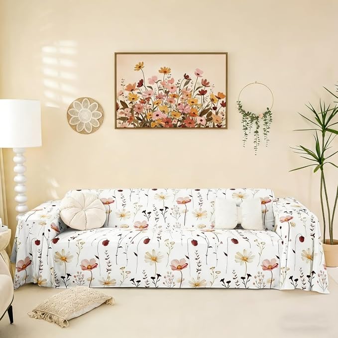 Erosebridal Watercolor Floral Couch Cover Red Beige Flower Sofa Cover Modern Minimalist White Couch Protector 91" X 118" Rustic Farmhouse Washable Non Slip Sofa Protector for Couches and Sofas by Erosebridal