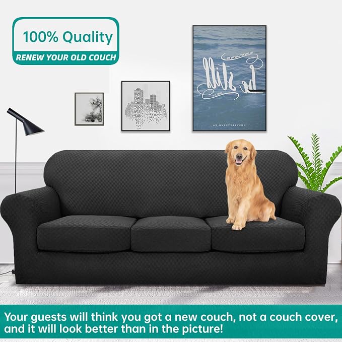 YEMYHOM Latest Checkered 4 Pieces Couch Covers for 3 Cushion Couch Extra Large High Stretch Thickened Sofa Cover for Dogs Pets Furniture Protector Sofa Slipcovers (Black), 91"-110"(3 Cushions) - Image 2