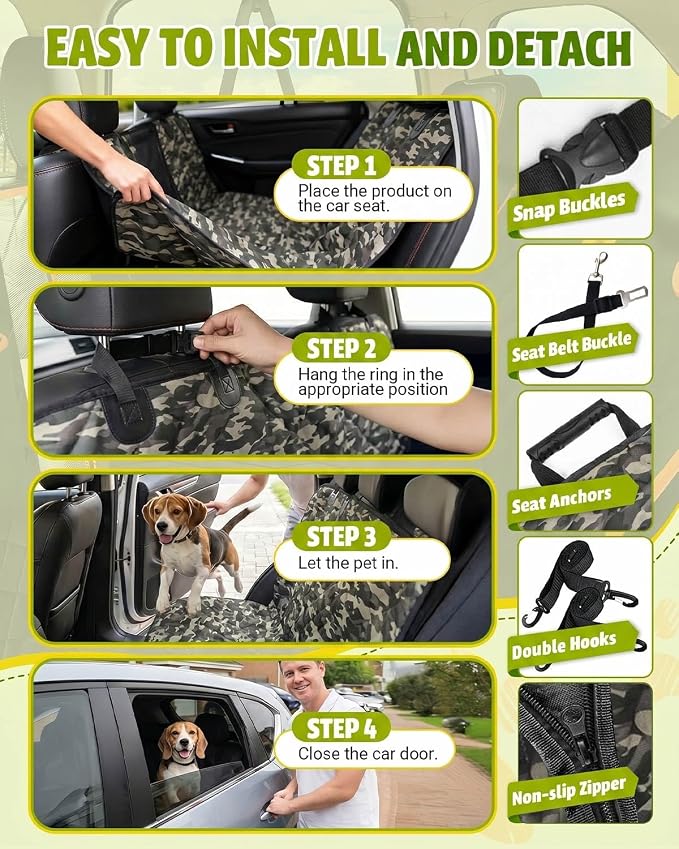 Dog Car Seat Cover, 600D Heavy Dute Car Seat Cover for Dogs Pets, 100% Waterproof Anti-Scratch Nonslip Dog Hammock for Cars, Seat Covers Protector with SeatBelt for Sedan SUV Truck Standard Camo - Image 6